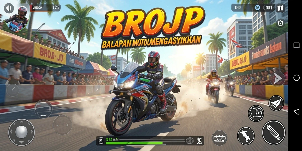Screenshot gameplay BROJP menampilkan balapan motor yang mendebarkan.