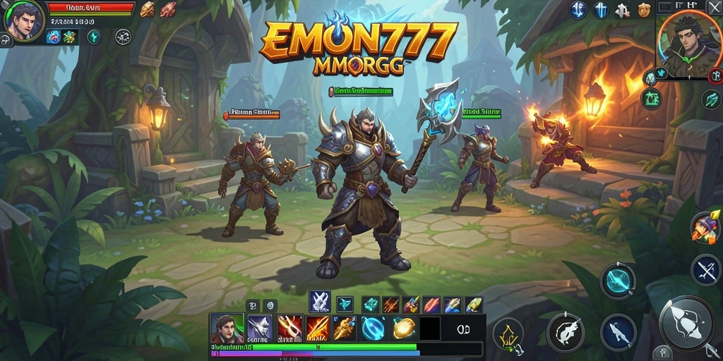 Screenshot utama EMON777 menampilkan pertempuran epik di dunia MMORPG.