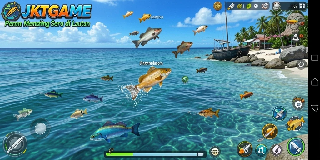 Gameplay JKTGAME yang seru saat memancing di laut.