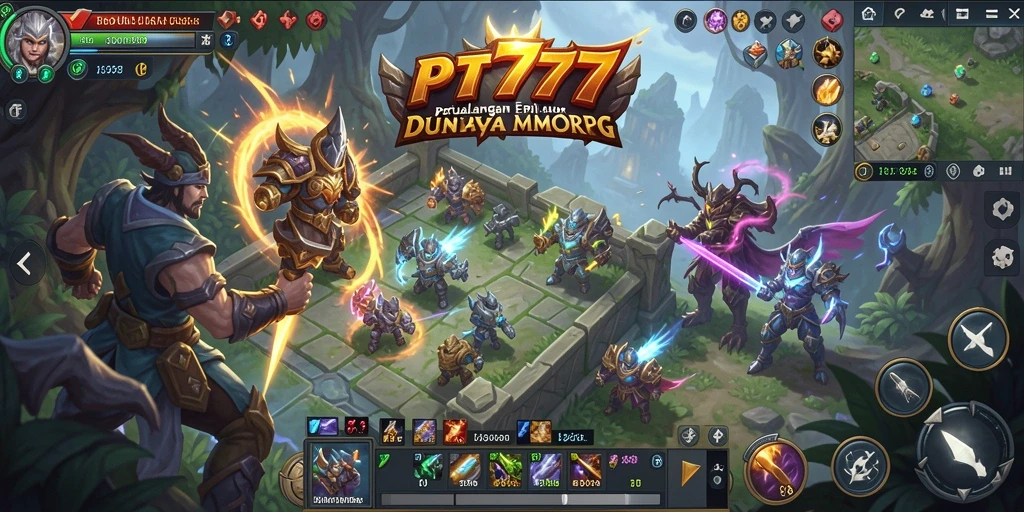 Tangkapan layar gameplay PT777 yang menunjukkan pertempuran epik dalam MMORPG.